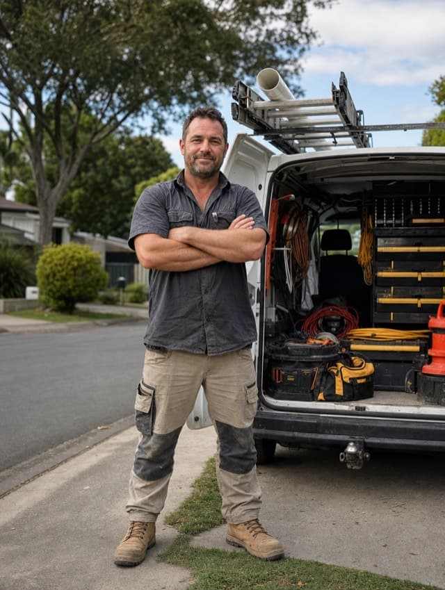 Dave Miller standing with his arms folded beside his open work van on a suburban street, ladder racks and tool drawers behind him.