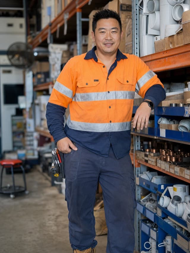 Marcus Chen in hi-vis workwear, leaning against racking stacked with copper and PVC plumbing fittings in a trade supplies warehouse.