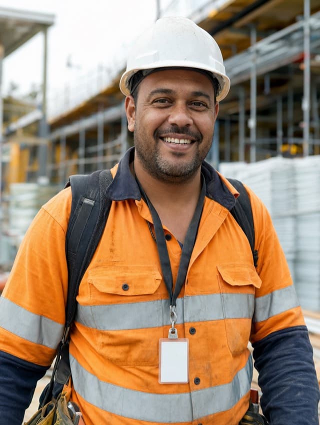 Liam Henderson in a hard hat and hi-vis shirt, smiling on a commercial building site with scaffolding and stacked materials behind him.