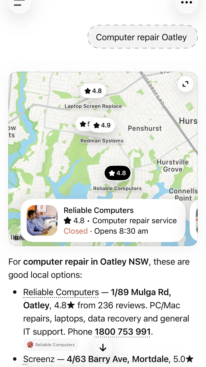 ChatGPT answering “Computer repair Oatley” with a map and Reliable Computers first: 1/89 Mulga Rd, Oatley, 4.8 stars from 236 reviews, phone 1800 753 991
