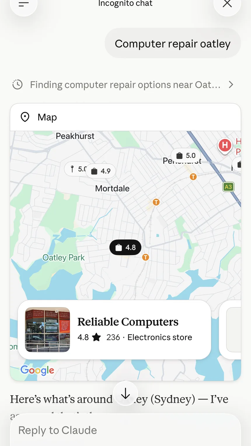 Claude answering “Computer repair Oatley” with a map pinned on Reliable Computers: 4.8 stars, 236 reviews, electronics store