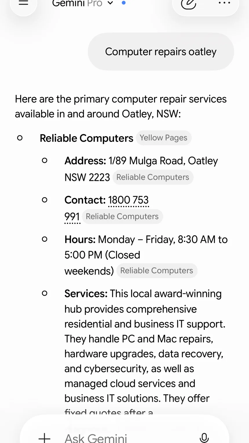 Gemini answering “Computer repairs Oatley” with Reliable Computers first: address 1/89 Mulga Road Oatley NSW 2223, contact 1800 753 991, hours Monday to Friday 8:30 AM to 5:00 PM, cited to Yellow Pages and the business website