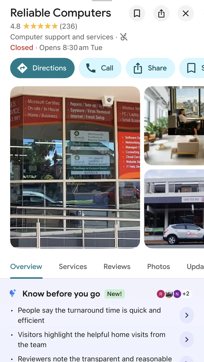 Google Maps on a phone showing Reliable Computers in Oatley: 4.8 stars from 236 reviews, computer support and services, with Directions, Call and Share buttons and photos of the shopfront