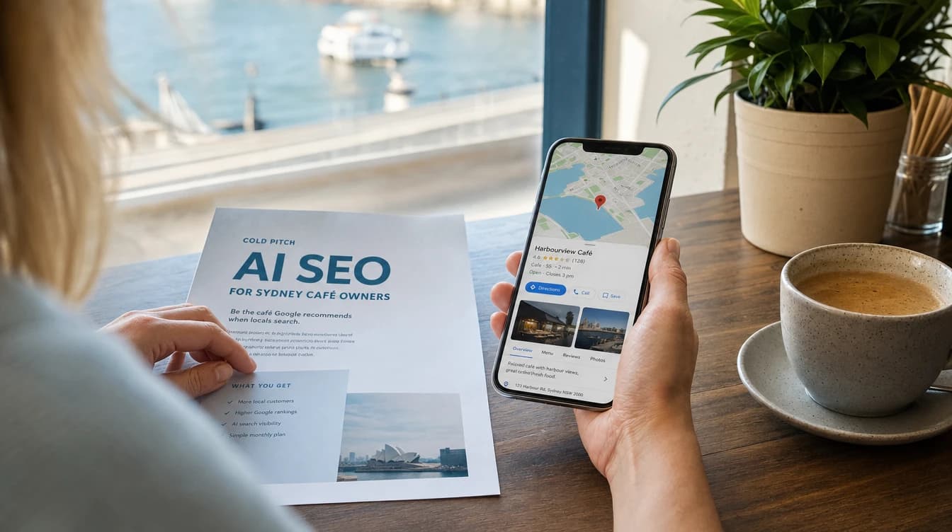Café owner sets aside an AI SEO sales pitch to check her Google listing on her phone