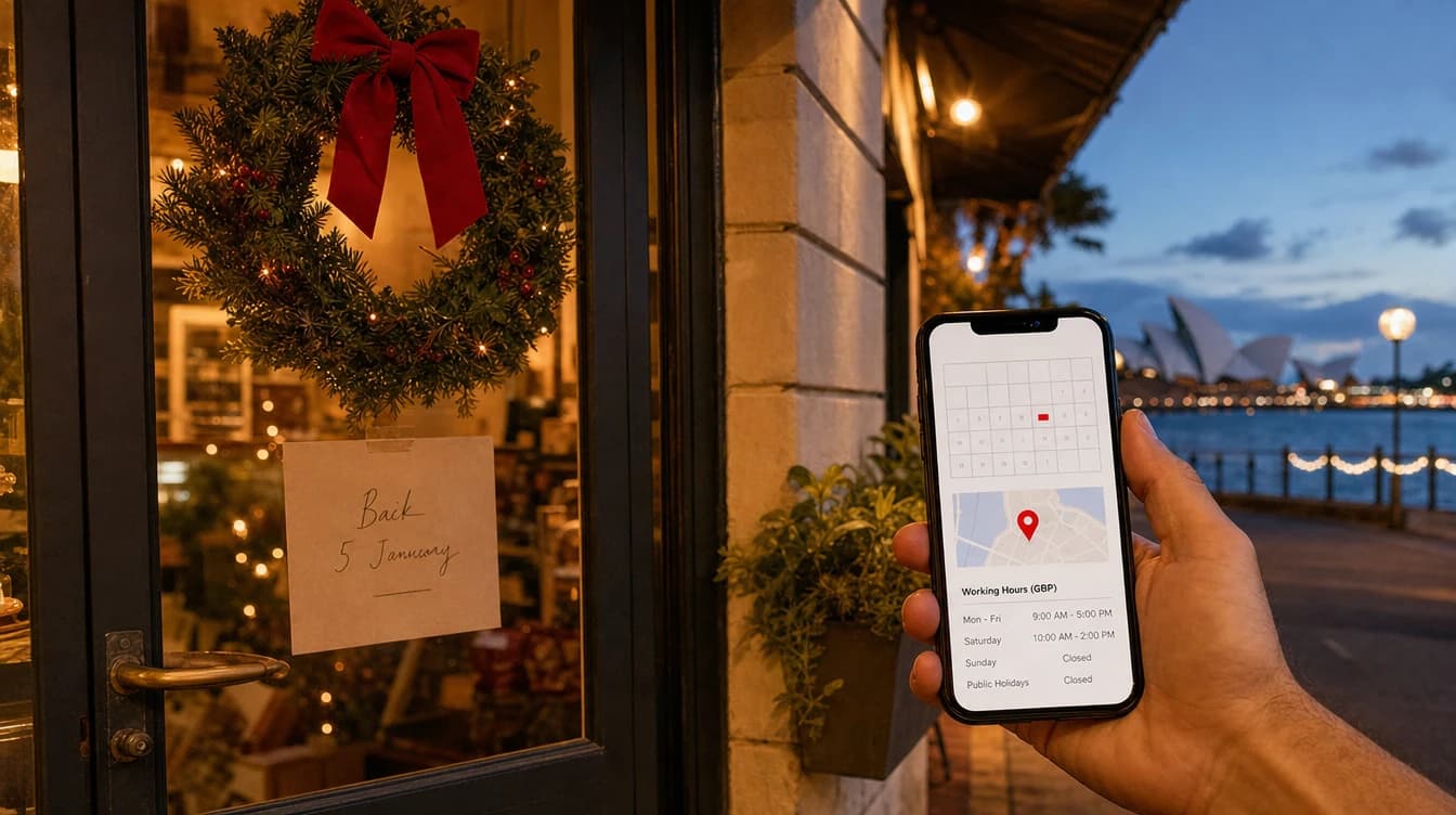 Shop owner updates holiday trading hours on her phone beside a closed-for-Christmas sign